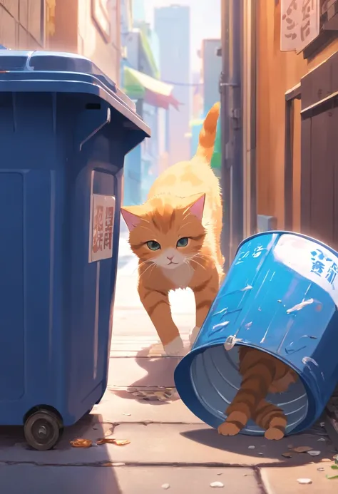 A kitten is rummaging through a trash can，Looking for food，