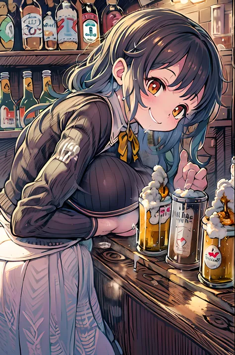 A 40-year-old woman、Sitting at a bar,a bar counter、ultra gigantic tits、Huge Huge Huge Bust、nursing、adult lady、amorous、smil、drinking beer、🍺、