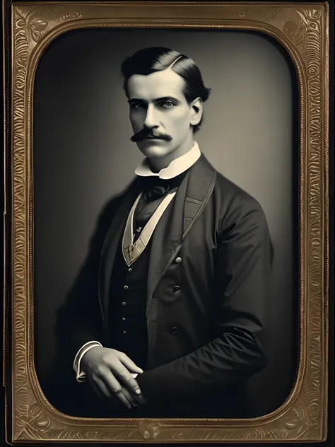 Collodion process a solemn portrait of a heavenly handsome Victorian man in his elaborate attire, his gaze distant yet very intense, captured with a vintage Deardorff 8x10 camera, evocative portraits, afternoon, soft window light, overcast