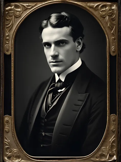 Collodion process a solemn portrait of a heavenly handsome Victorian man in his elaborate attire, his gaze distant yet very intense, captured with a vintage Deardorff 8x10 camera, evocative portraits, afternoon, soft window light, overcast