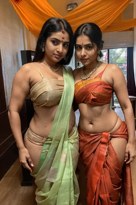 two south indian hindu cougar maids ,((wearing villagers traditional sari, cleavage)),((full body can clearly see through the fully thin durga puja sari fabrics, loosely fitted)),((perverted face)),((loving eyes)) ,((both same body heights)),((small boobs(...