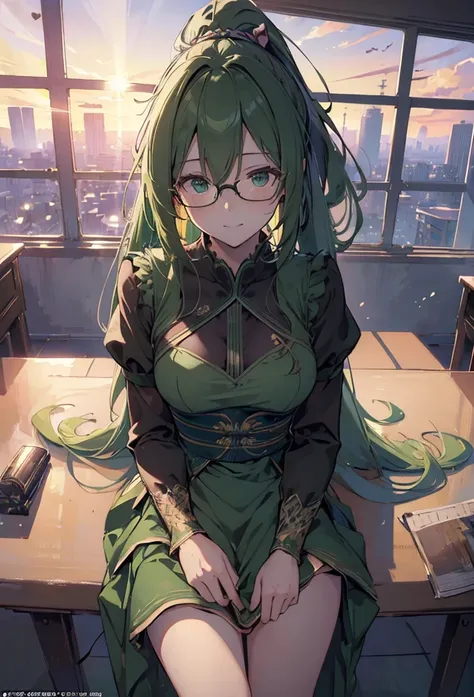 (((Masterpiece))),(((Best quality))),(((Amazing detail))),((illustration)),((A high resolution)),((8K)),((Anatomically correct)),Green long hair, High ponytail,Delicate hair,a matural female,black-frame glasses,Light smile,adjusting eyewear,angle of view,A...