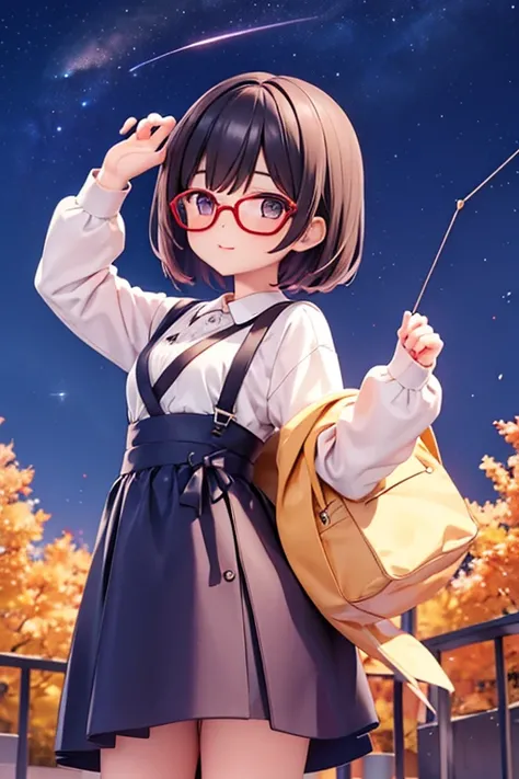 Cute girl with fashionable short haircut、eye glass、Autumn night sky、Stargazing