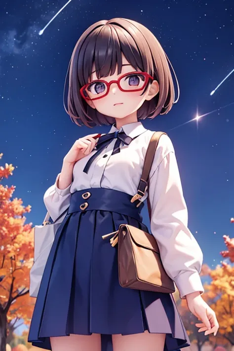 Cute girl with fashionable short haircut、eye glass、Autumn night sky、Stargazing