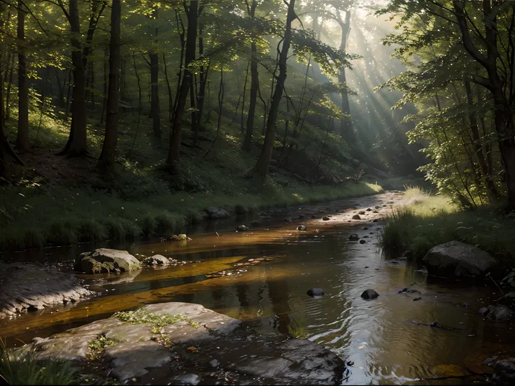 Oil painting. Realistic environment, a little dark and tense. a natural stone path and a small stream flows through large stones into a large puddle in front of us. to the clearing. Deaf, forested area. Lots of details. Pronounced sun rays. Light fog.