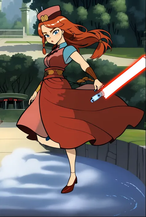 masterpiece, best quality,tcw2003 1girl,hat,red hair,blue eyes,long hair,braid,short sleeves, chinese clothes, with a lightsaber outide a japanese garden