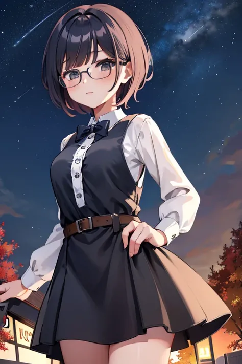 Cute girl with fashionable short haircut、eye glass、Autumn night sky、Stargazing