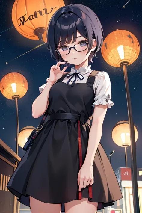 Cute girl with fashionable short haircut、eye glass、Autumn night sky、Stargazing