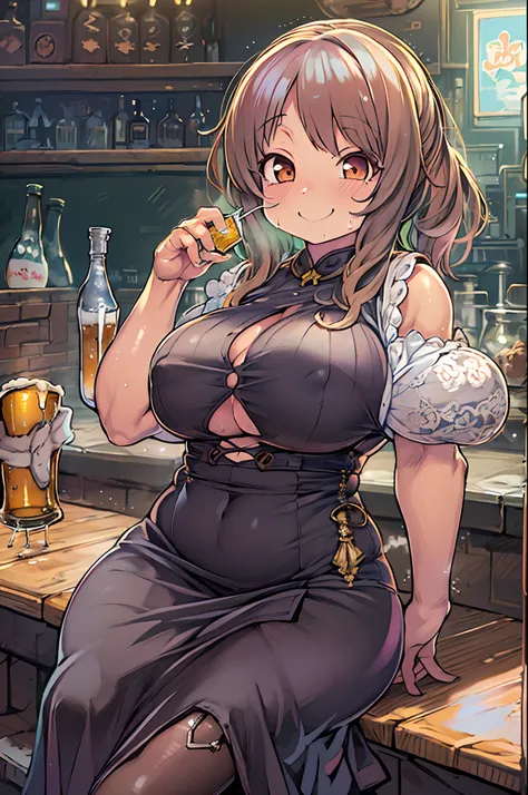 A 40-year-old woman、Sitting at a bar,a bar counter、ultra gigantic tits、Huge Huge Huge Bust、nursing、adult lady、amorous、smil、drinking beer、🍺、