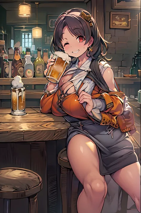 A 40-year-old woman、Sitting at a bar,a bar counter、ultra gigantic tits、Huge Huge Huge Bust、nursing、adult lady、amorous、smil、drinking beer、🍺、