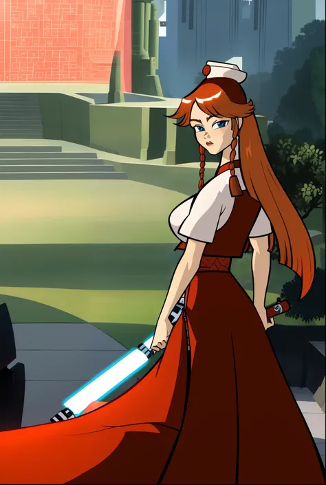 masterpiece, best quality,tcw2003 1girl,hat,red hair,blue eyes,long hair,braid,short sleeves, chinese clothes, with a lightsaber...