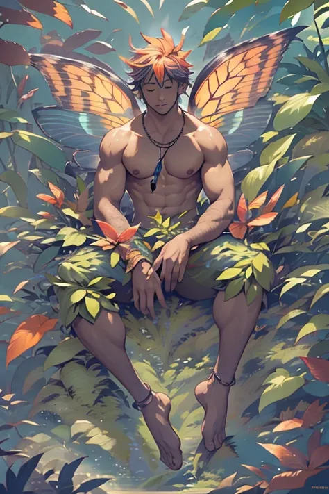 Hundreds of  multicolored butterflies, orange, green, blue,, surround  a muscular naked man  with fairy wings and feelers sleeping in the middle of the jungle, covering him from head to toe in rainbow colors, butterflies land on arm a d hand and head