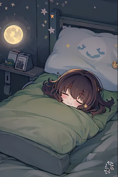 masutepiece, Best Quality, 1 girl, Solo, effect, Dark background, Sleeping in bed with a happy face,Chibi、bbw, Chibi Art,Moonlight