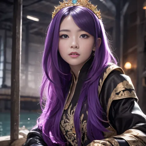 32K（tmasterpiece，k hd，hyper HD，32K）Long flowing bright purple hair，Autumn Pond，zydink， a color， Asian people （Silly girl）， （Silk scarf）， Combat posture， looking at the ground， long whitr hair， Floating bright purple， Fire cloud pattern gold tiara， Chinese ...