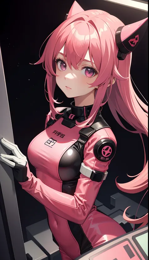 girl in、as-adult、underwear、cute technologic latex pink dress、in a space station, upper body portrait、anime style, aesthetic, 8k