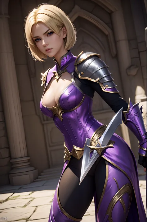 Blonde short bob hair,Super beauty,Alafed woman in purple costume posing with sword, super detailed fantasy characters, 3 d render character art 8 k, ArtGerm ; 3d unreal engine, fantasy outfit, 4 k detail fantasy, 2. 5 d cgi anime fantasy artwork, stunning...