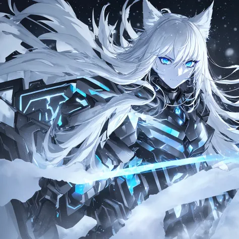 8k, (best quality, masterpiece),(1cybernetic black and white wolf, blue coloured exhaust fumes escaping from body, detailed face, blue eyes, looking at viewer, black ears, closed mouth, fierce looking, black hind legs, snow covered), (less blue light, snow...