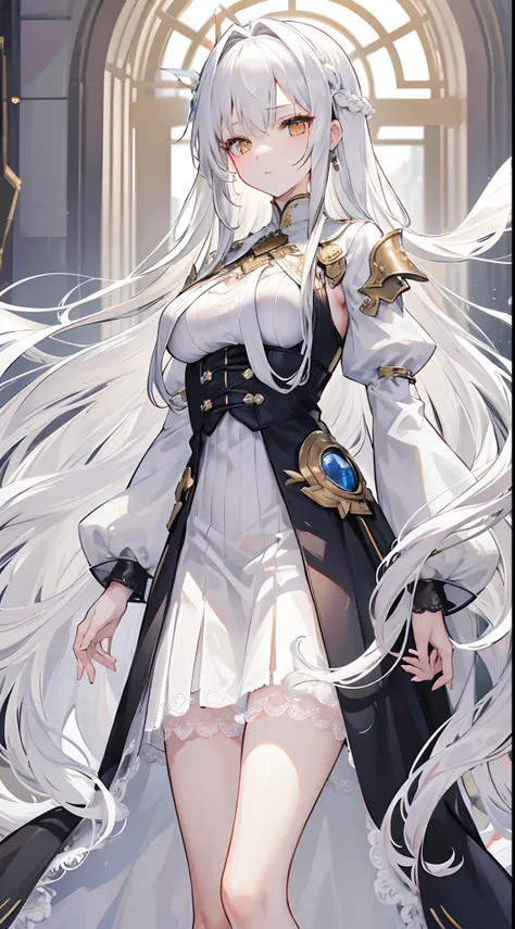 silver-white long hair，dishiveredhair ，hair splayed out，，Golden eyes，Expressionless haughty eyes，White lace armor dress，Pride，chiquita，Medium build，The skirt fluttered，Fold your hands around your chest，black lence stockings