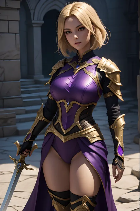 Blonde short bob hair,Super beauty,Arapheud woman in gorgeous purple exterior posing with a sword, super detailed fantasy characters, 3 d render character art 8 k, ArtGerm ; 3d unreal engine, fantasy outfit, 4 k detail fantasy, 2. 5 d cgi anime fantasy art...