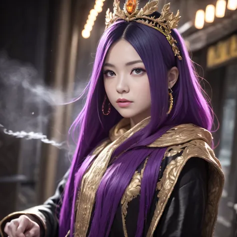 32K（tmasterpiece，k hd，hyper HD，32K）Long flowing bright purple hair，Autumn Pond，zydink， a color， Asian people （Silly girl）， （Silk scarf）， Combat posture， looking at the ground， long whitr hair， Floating bright purple， Fire cloud pattern gold tiara， Chinese ...