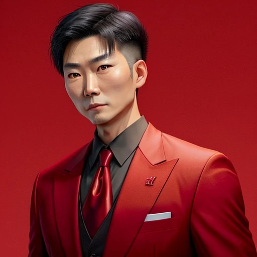 An Asian man in his 40s with sharp eyes and a good style。In a red suit