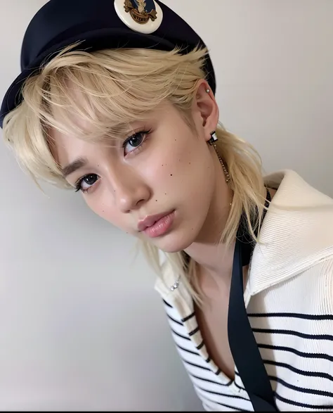 Blonde woman with a sailor hat and a sailor cap, TaeJune Kim, Cai Xukun, franja branca, Jinyoung Canela, an epic non - binary model, tomboy cabelo platinado curto, delicate androgynous prince, Jimin, Beautiful androgynous prince, Kim Doyoung, Retrato de Jo...