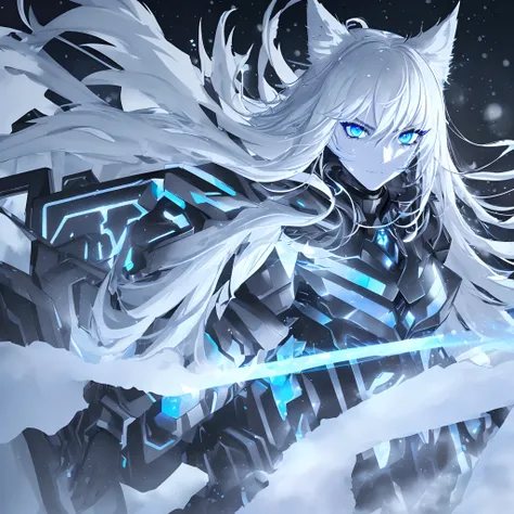 8k, (best quality, masterpiece),(1cybernetic black and white wolf, blue coloured exhaust fumes escaping from body, detailed face, blue eyes, looking at viewer, black ears, closed mouth, fierce looking, black hind legs, snow covered), (less blue light, snow...