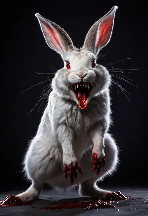 Killer rabbit with fangs, sharp teeth, standing on hind legs, white fluffy fur, vicious, blood dripping from mouth, bladed claws, black background.