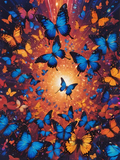 (best quality,highres,ultra-detailed),a butterfly, a kaleidoscope of butterflies, lots of glowing butterflies, butterfly at the middle,vibrant colors,abstract art,diverse textures,playful composition,bright lights,energy flow,harmonious design,transformati...