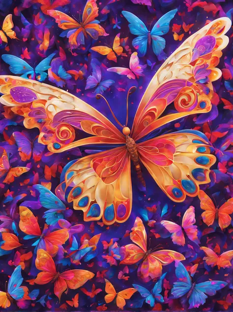 (best quality,highres,ultra-detailed),a butterfly, a kaleidoscope of butterflies, lots of glowing butterflies,purple and pink, g...