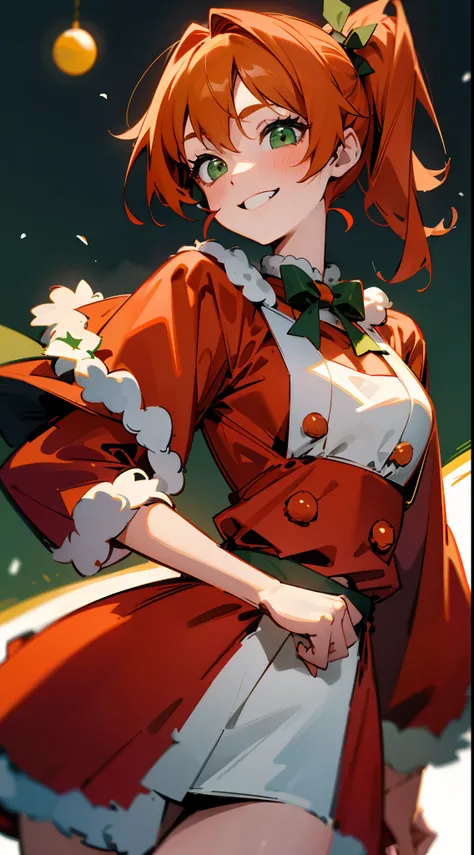 1girl in、Orange hair、large round green eyes、Side Ponytail、small tits、A smile、Laugh、Christmas、Dressed in Santa Claus costume、Colors based on red and green