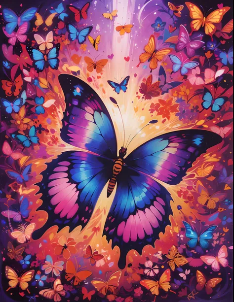 (best quality,highres,ultra-detailed),a butterfly, a kaleidoscope of butterflies, lots of glowing butterflies,purple and pink, gold and red,vibrant colors,abstract art,diverse textures,playful composition,bright lights,energy flow,harmonious design,transfo...