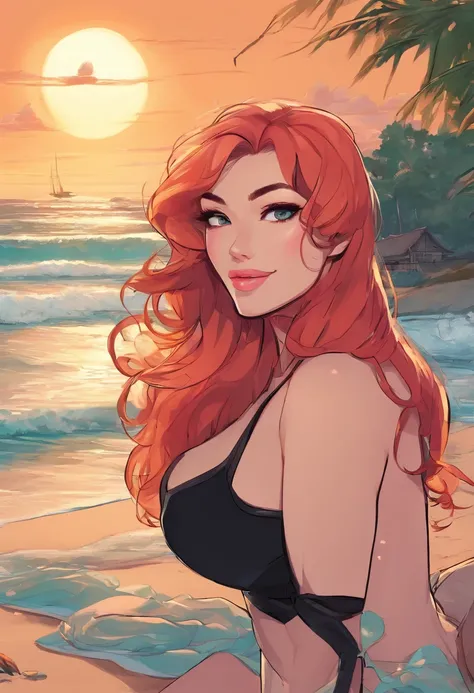 picture of a beautiful young red haired woman in a black bikini sitting on a beach, detailed lips, detailed green eyes, caucasian woman, american woman, massive overflowing breasts, beautiful portrait, Sunrise, pink sky, blue sea, marin kitagawa fanart, se...