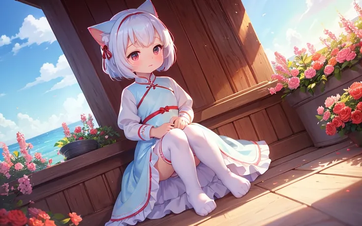 A cute light blue loli cat anthropomorphizes，Wearing a gorgeous white cheongsam and white stockings，Sit in a sea of red flowers。Her tiny body leaned forward，The face is shy, Indifferent eyes。This 8k HDR image presents the best characters with vivid colors ...