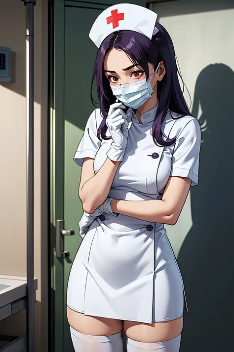 1woman, solo, nurse, nurse cap, white wear, ((white legwear, zettai ryouiki)), white gloves, long hair, purple hair, red eyes, (...