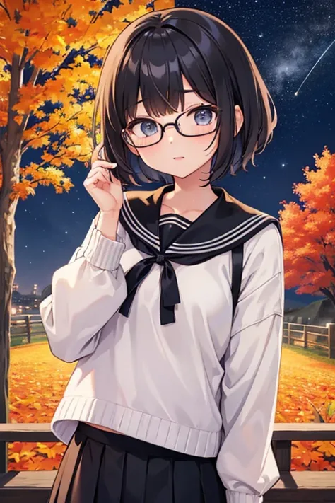 Cute girl with fashionable short haircut、eye glass、((Hairy))、Autumn night sky、Stargazing