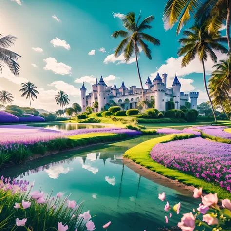 (Masterpiece),(Best Quality), an meadow, large green areas with tall grass,
tall palm trees with purple leaves, a river winding through the area,
majestic white horses grazing, a gravel path with pink and blue roses on each side winding through the area,
b...