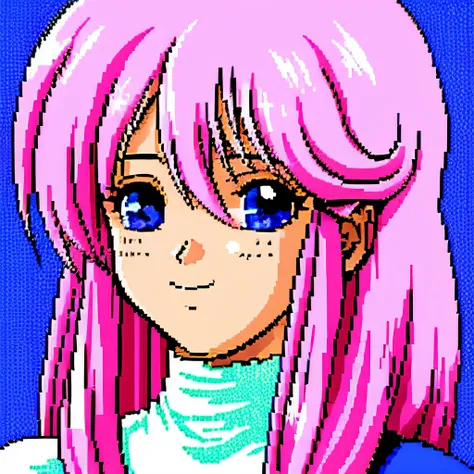 dithering,  pixel art,  halftone, pattern,  female, pink hair, blue eyes, smile, portrait