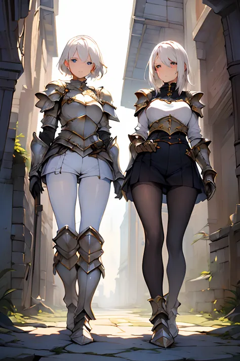 (((masterpiece))), (((best quality))), ((ultra-detailed)), (cinematic lighting), (illustration), (beautiful detailed eyes), (2girls), full body, space, knight, armour, light hair, skirt, walking, ruins, (masterpiece, 2girls A and B), best quality, expressi...