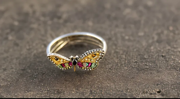 A delicate butterfly ring, an exquisite jewel with intricate patterns and vibrant colors, captured in a close-up photo, showcasing the tiny details of the wings and the glistening gem, Photography, macro lens, f/2.8,