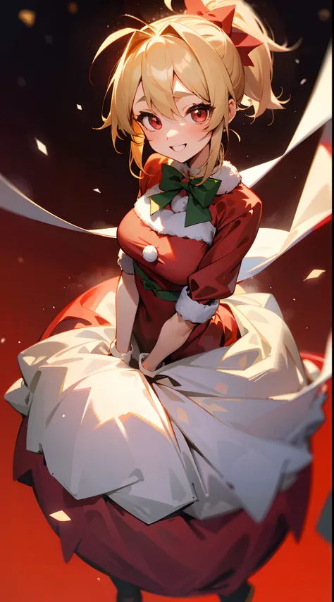 1girl in、Blonde ponytail、Ahoge、big round red eyes、small tits、A smile、Laugh、Christmas、Dressed in Santa Claus costume、Colors based on red and green