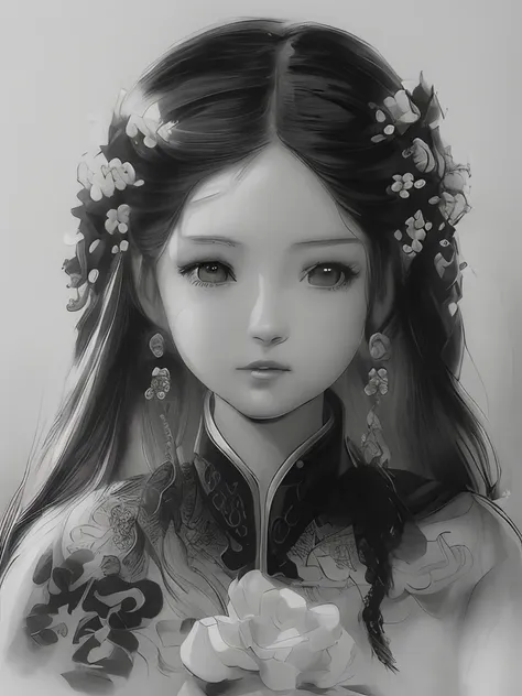 a painting of a girl with long hair and flowers in her hair,the sketches are detailed，black and white sketch，