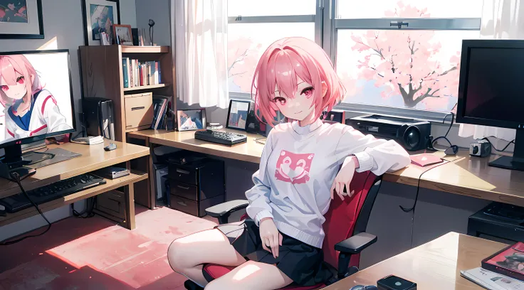 anime girl sitting in her bedroom, sitting on a red gaming chair, open windows, sunlight coming through windows, desk, two monitors, gaming computer on desk, (1girl), short pink hair, pink eyes, long sleeves white shirt, blue dominant, no socks, smile, bea...