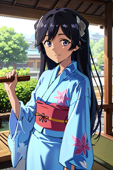 1girl, solo, upper body, facing viewer, looking at viewer, smile, i400kc, 1girl, solo, long hair, kimono, sash, headgear, obi, f...