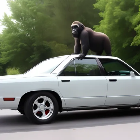 1996 Chevrolet Impala on 26 inch rims with a gorilla on the hood