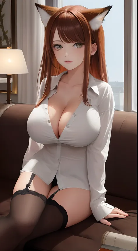 masterpiece, best quality, finely detailed, 1girl, (orange), (bishoujo), cute, (green eyes), (eyelashes), (huge breasts), (cleavage), (white shirt:1.2), (open shirt), sitting on a sofa, lamp, window, night, delicate interior design, fox ear, Foxs tail