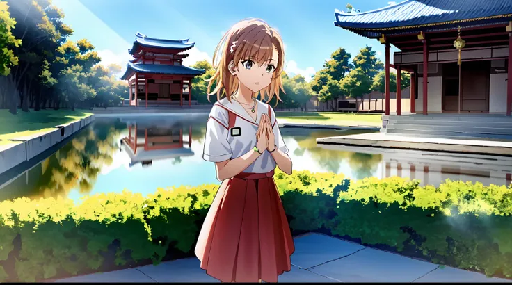 Cute teen girl misaka has chestnut hair,brown eyes,wearing saint seiya cloth and very long skirt,praying beads on neck,athens temple in background,teen girl,anime style,Lumen Reflections,Screen Space Reflections,Diffraction Grading,Chromatic Aberration,GB ...