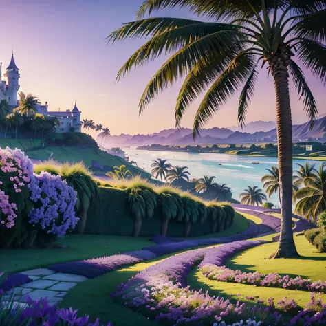 (Masterpiece),(Best Quality), a meadow, (large green grassland),
(tall palm trees with (purple leaves)), (a river winding through the area),
(majestic white horses grazing), a gravel path with pink and blue roses on each side winding through the area,
blur...