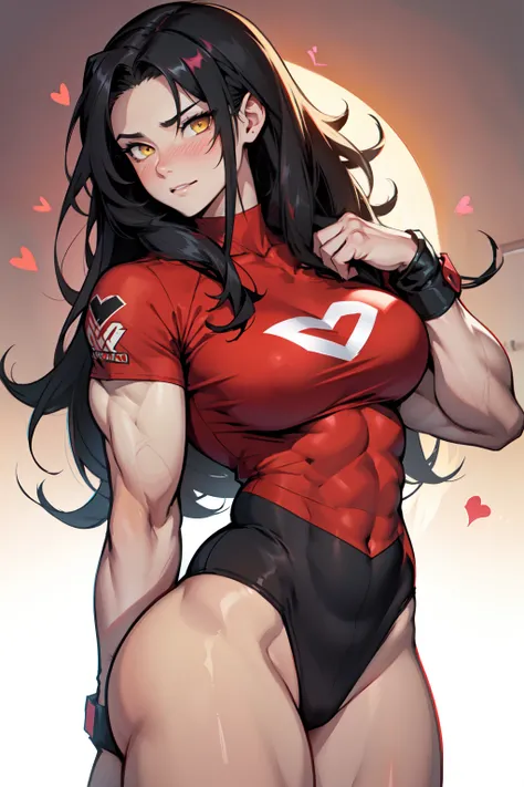 ((1girl)) pale skin large breasts (muscular) toned body thick thighs black hair yellow eyes (long hair) bodybuilder tight red shirt blushing (heart seductive expression) best quality hair flaps perfect anatomy