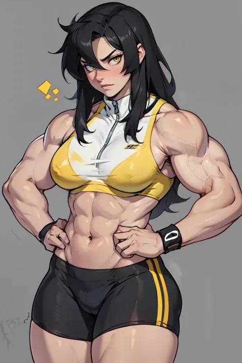 ((1girl)) pale skin large breasts (muscular) toned body thick thighs black hair yellow eyes (long hair) bodybuilder blushing (seductive expression) best quality perfect anatomy compression bra bike shorts